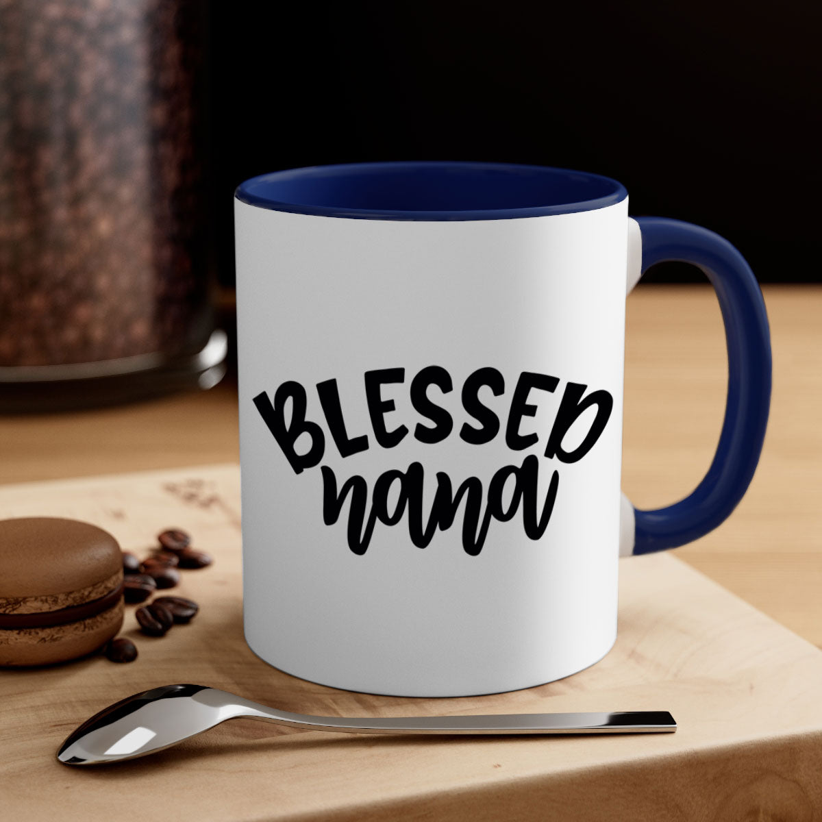 Blessed Nana 59# Mug featuring a glossy finish, colored handle, and interior, available in five colors and two sizes.