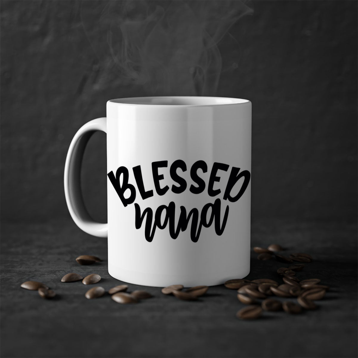 Blessed Nana 59# Mug featuring a glossy finish, colored handle, and interior, available in five colors and two sizes.