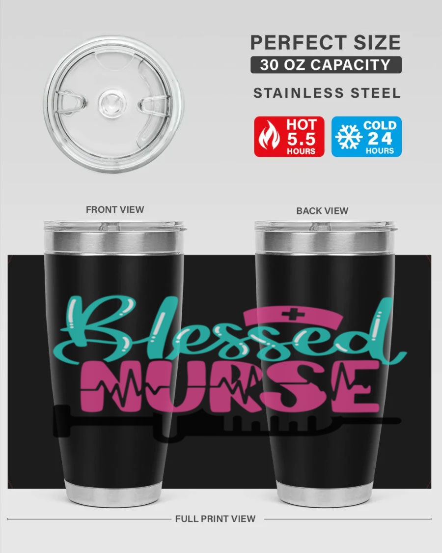 Blessed Nurse Style 20oz tumbler made of stainless steel with a copper lining, featuring a drink-thru lid and a stylish design for nurses.