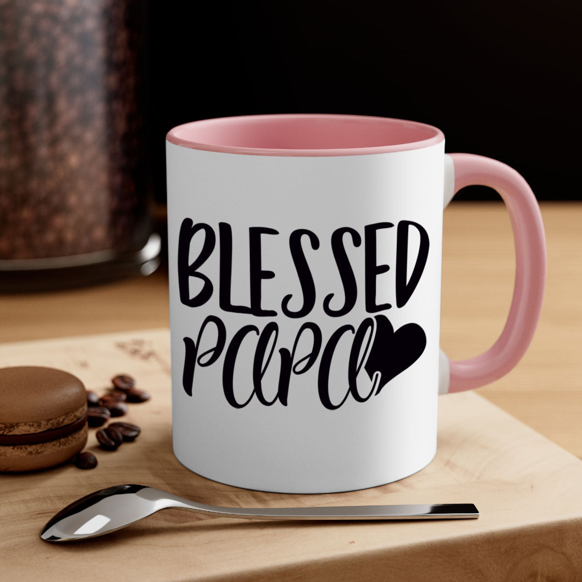 Blessed Papa 70# Mug with colored handle and glossy finish, available in multiple colors and sizes.