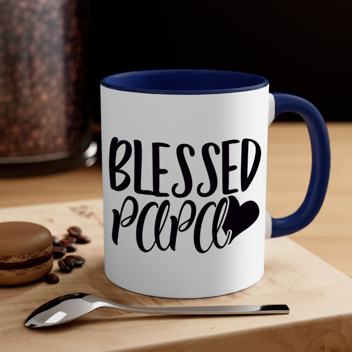 Blessed Papa 70# Mug with colored handle and glossy finish, available in multiple colors and sizes.