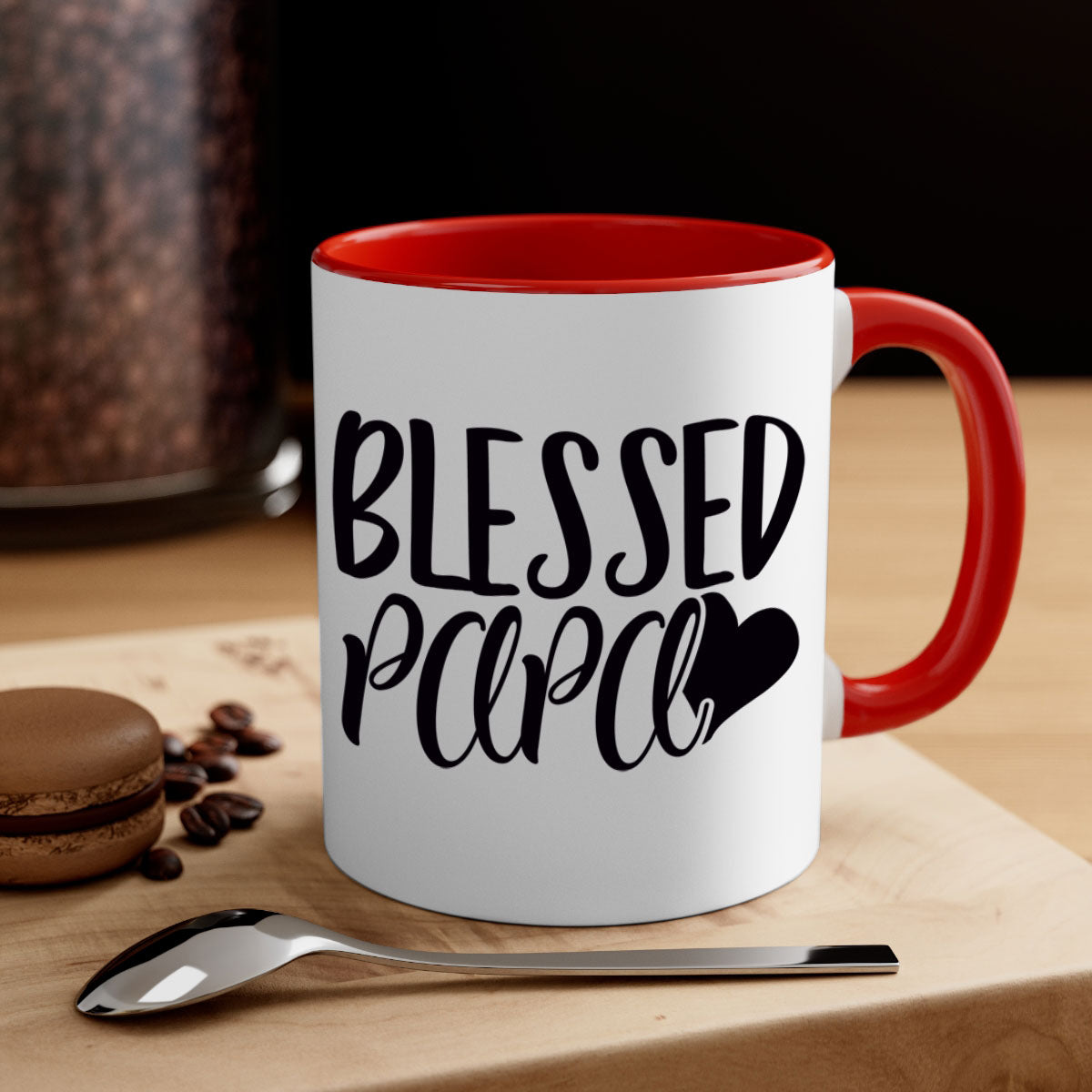 Blessed Papa 70# Mug with colored handle and glossy finish, available in multiple colors and sizes.