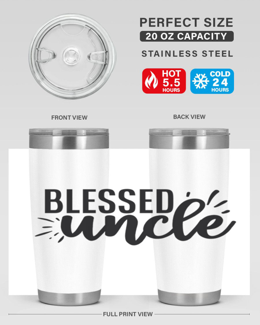 Blessed Uncle 20oz Tumbler made of stainless steel with a drink-thru lid, showcasing its sleek design and copper lining.