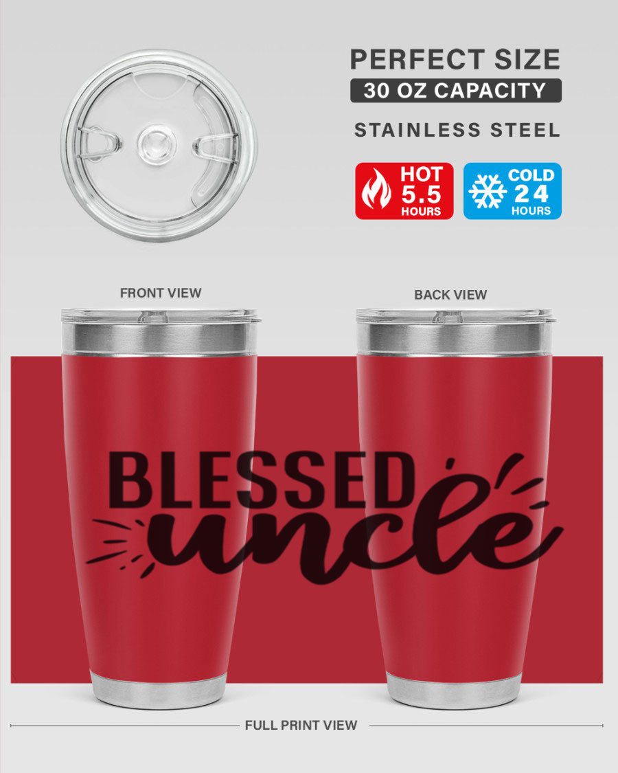 Blessed Uncle 20oz Tumbler made of stainless steel with a drink-thru lid, showcasing its sleek design and copper lining.