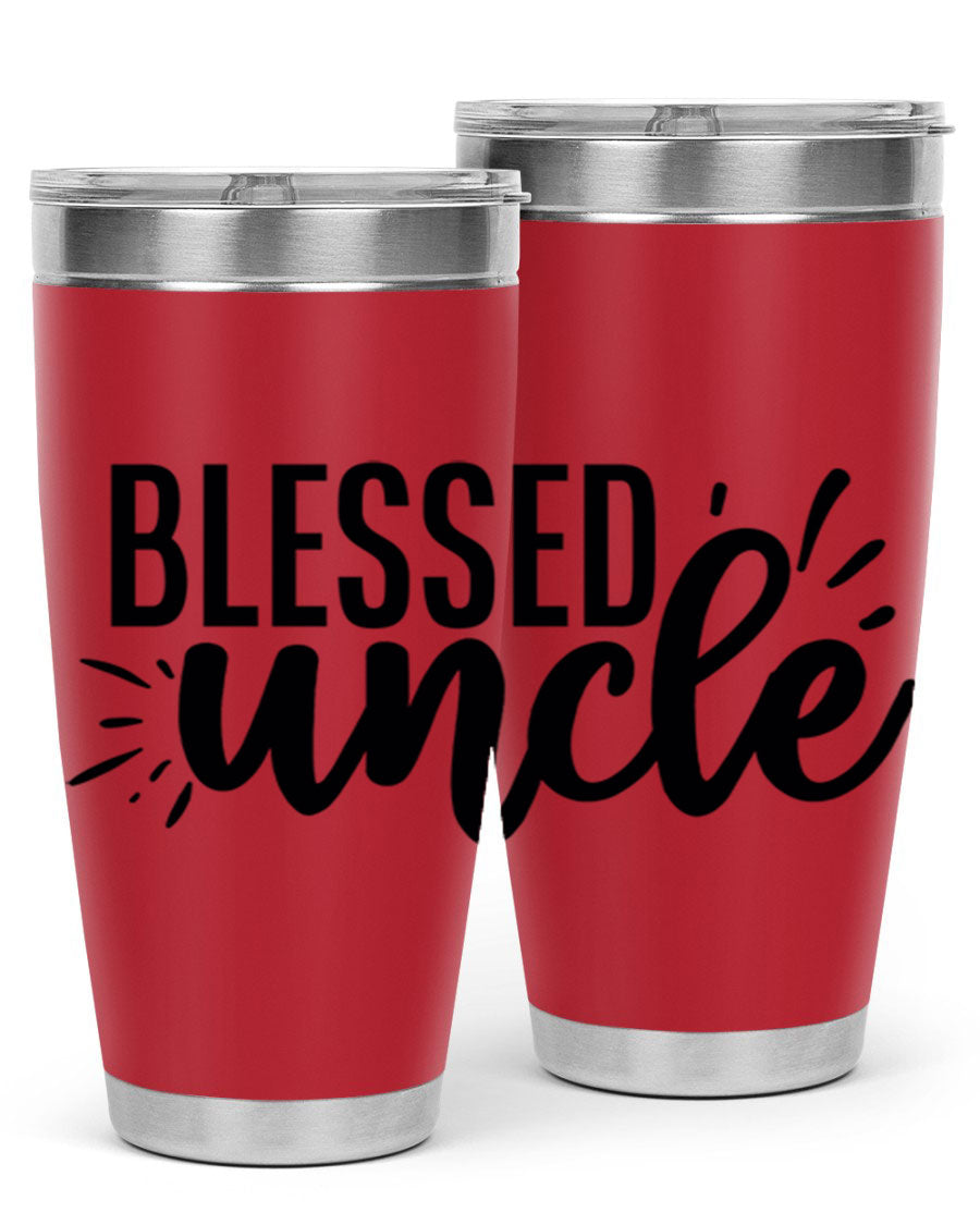 Blessed Uncle 20oz Tumbler made of stainless steel with a drink-thru lid, showcasing its sleek design and copper lining.