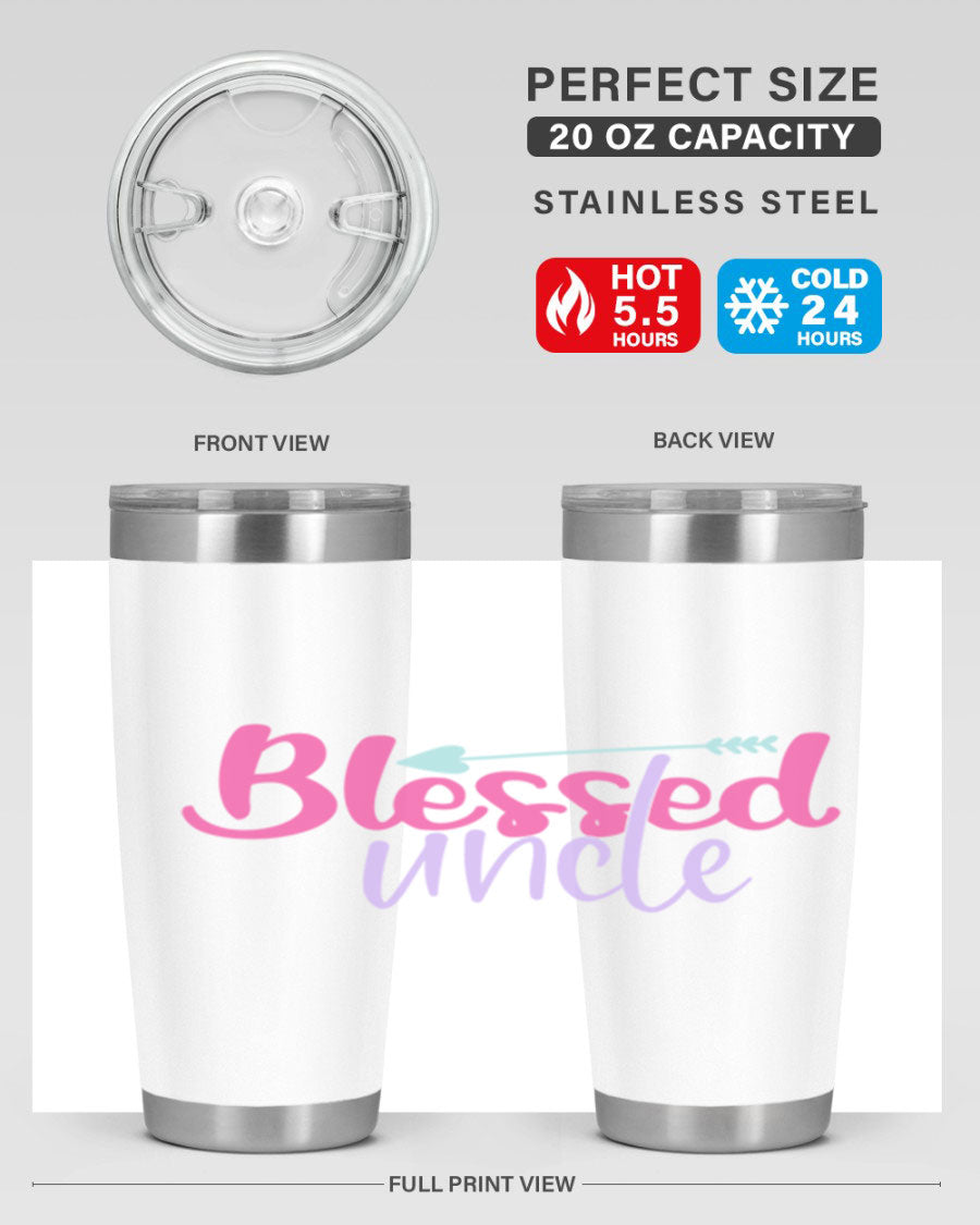 Blessed Uncle 20oz Tumbler made of stainless steel with a copper lining, featuring a drink-thru lid and a sleek design.