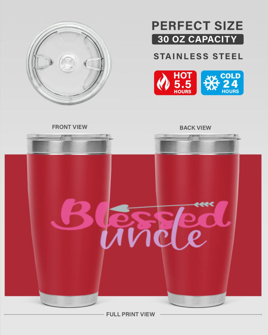 Blessed Uncle 20oz Tumbler made of stainless steel with a copper lining, featuring a drink-thru lid and a sleek design.