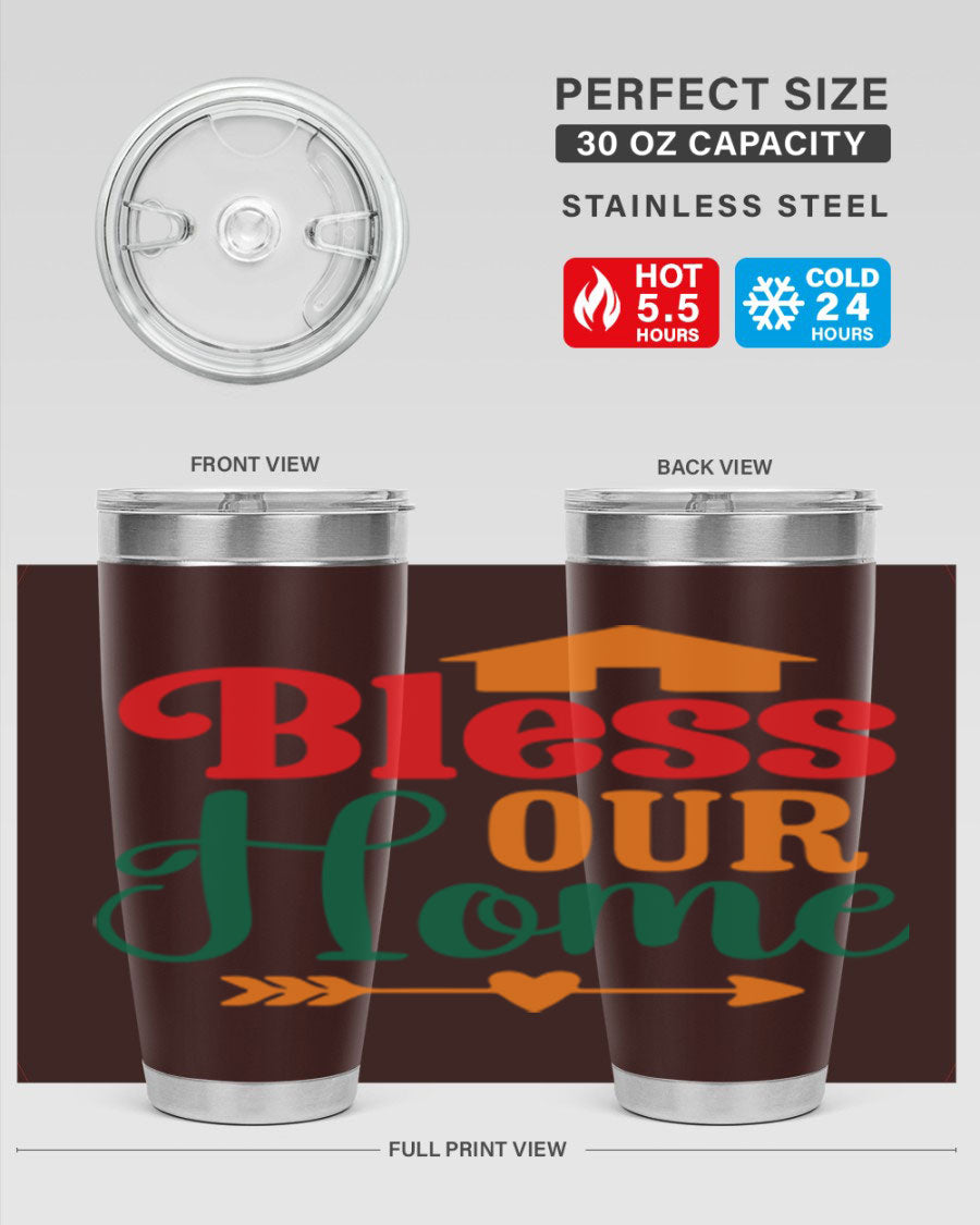 BLESSOURHOME 47# fall Tumbler in stainless steel with a drink-thru lid, showcasing its sleek design and vibrant fall colors.