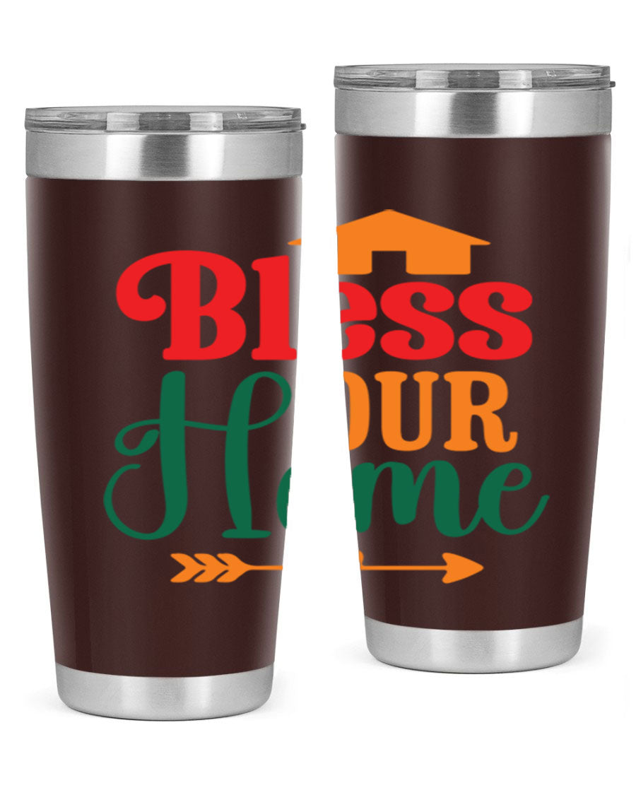 BLESSOURHOME 47# fall Tumbler in stainless steel with a drink-thru lid, showcasing its sleek design and vibrant fall colors.