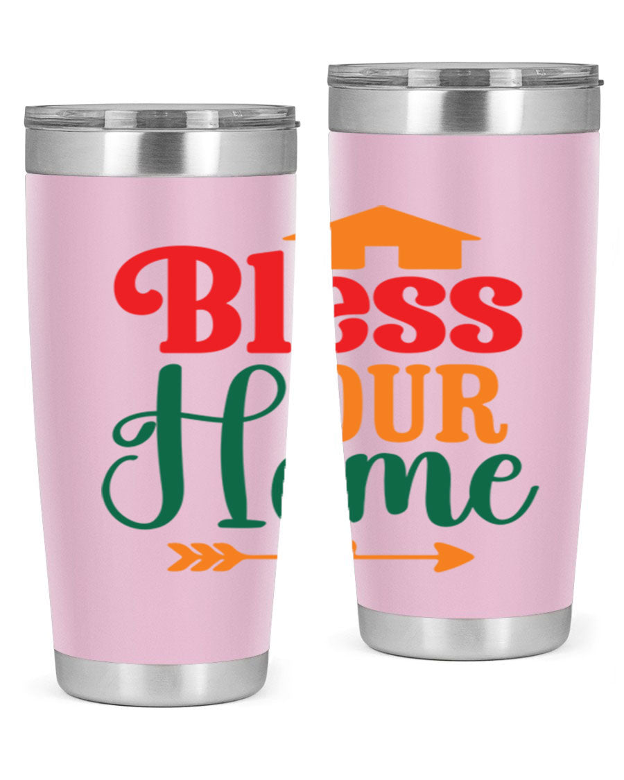 BLESSOURHOME 47# fall Tumbler in stainless steel with a drink-thru lid, showcasing its sleek design and vibrant fall colors.