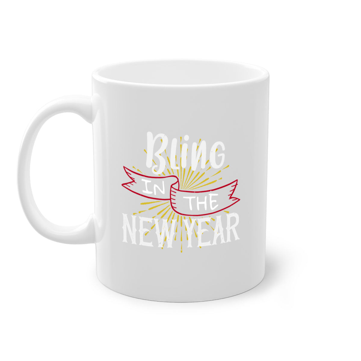 Bling in the new year 393# Christmas Mug with colorful handle and glossy finish, available in multiple colors.