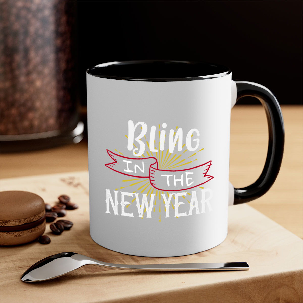 Bling in the new year 393# Christmas Mug with colorful handle and glossy finish, available in multiple colors.