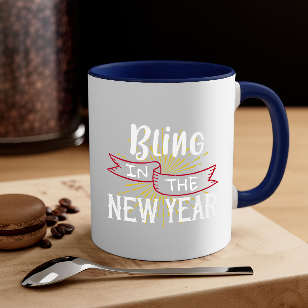 Bling in the new year 393# Christmas Mug with colorful handle and glossy finish, available in multiple colors.