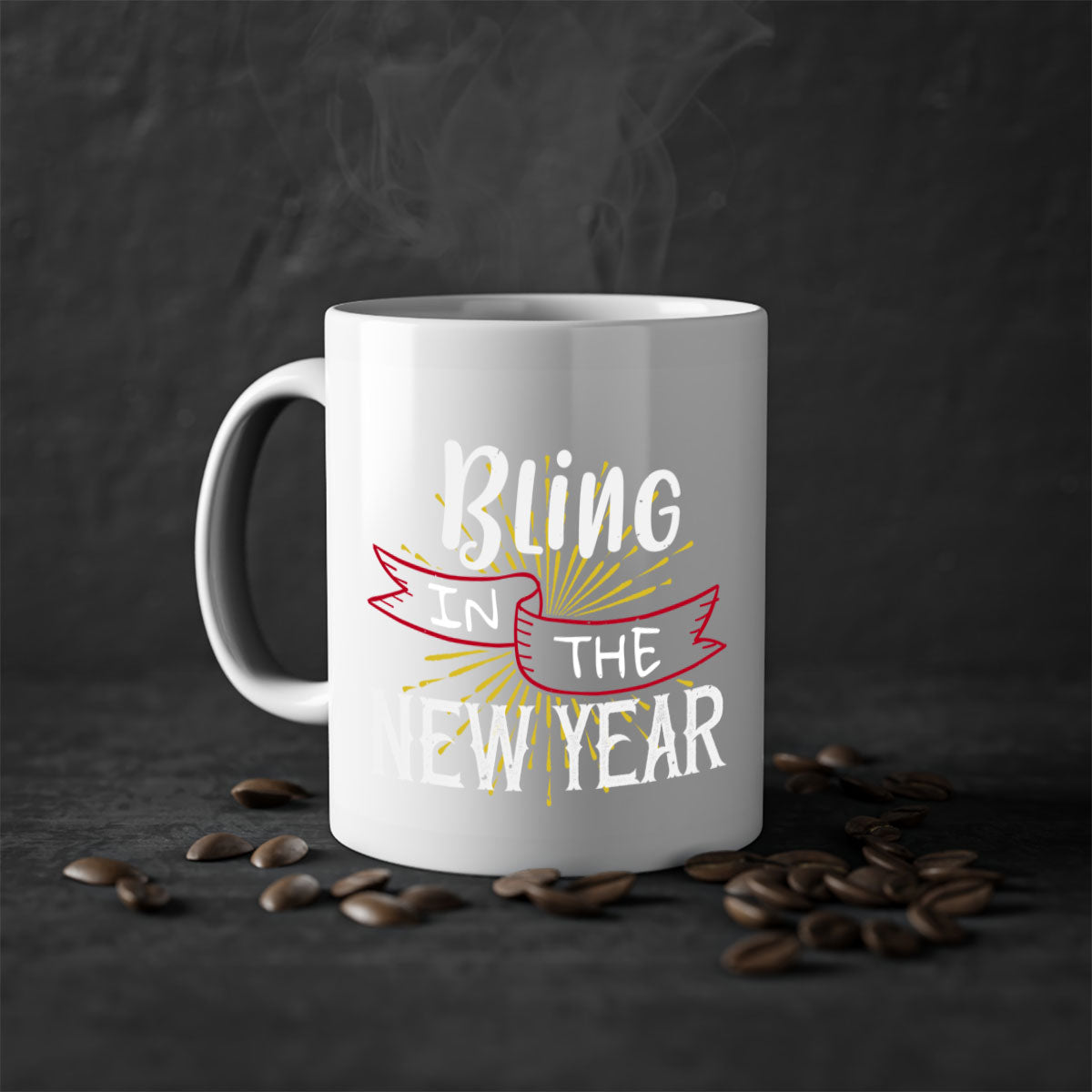 Bling in the new year 393# Christmas Mug with colorful handle and glossy finish, available in multiple colors.