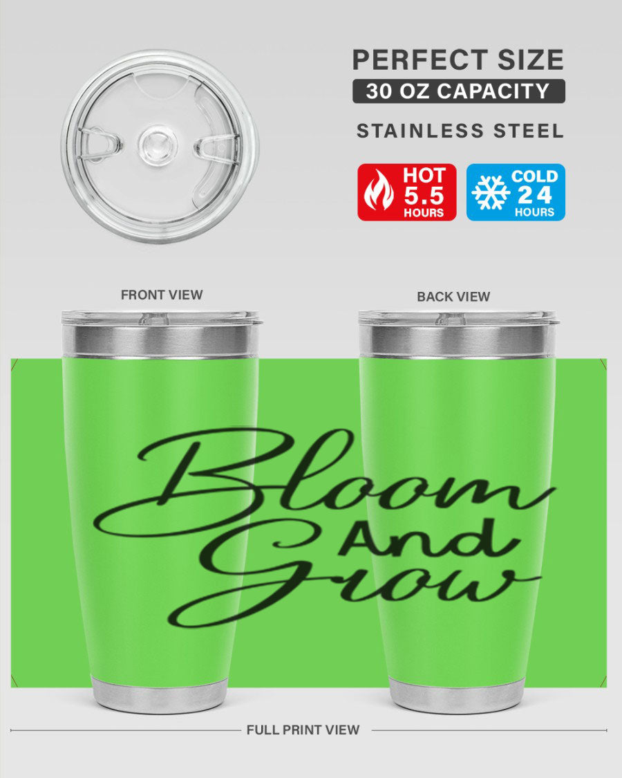 Bloom and Grow 20oz Tumbler in stainless steel with floral design, showcasing its double wall vacuum insulation and drink-thru lid.