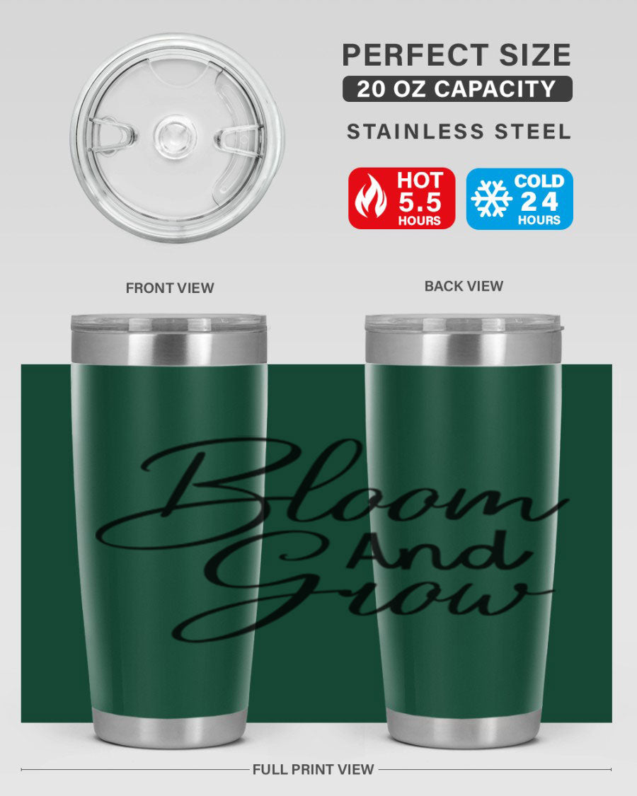 Bloom and Grow 20oz Tumbler in stainless steel with floral design, showcasing its double wall vacuum insulation and drink-thru lid.