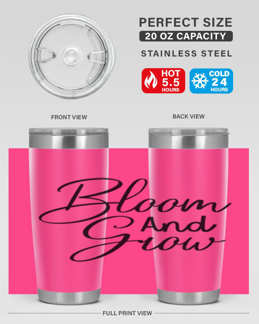 Bloom and Grow 20oz Tumbler in stainless steel with floral design, showcasing its double wall vacuum insulation and drink-thru lid.