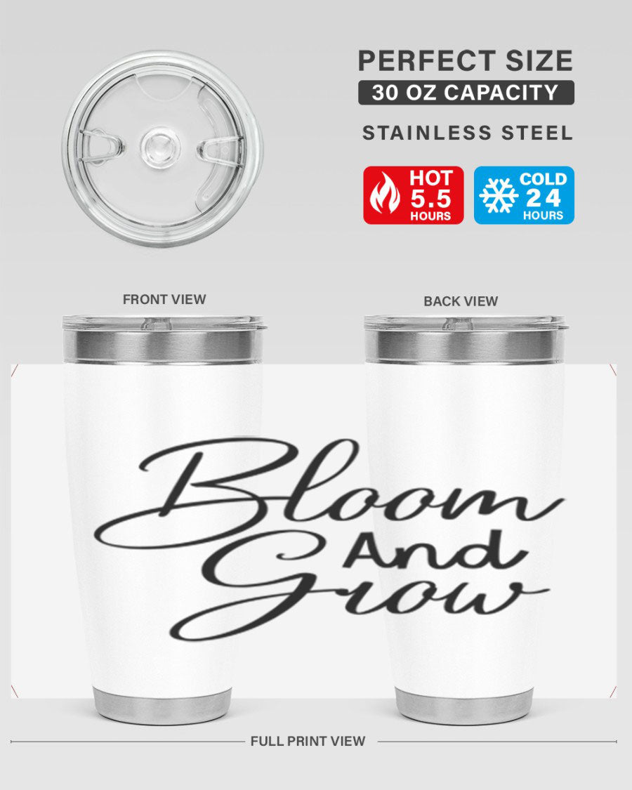 Bloom and Grow 20oz Tumbler in stainless steel with floral design, showcasing its double wall vacuum insulation and drink-thru lid.