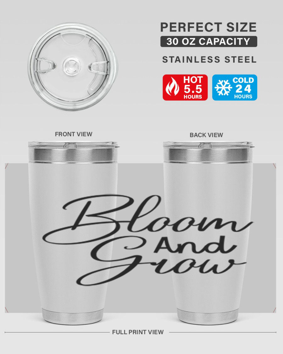 Bloom and Grow 20oz Tumbler in stainless steel with floral design, showcasing its double wall vacuum insulation and drink-thru lid.