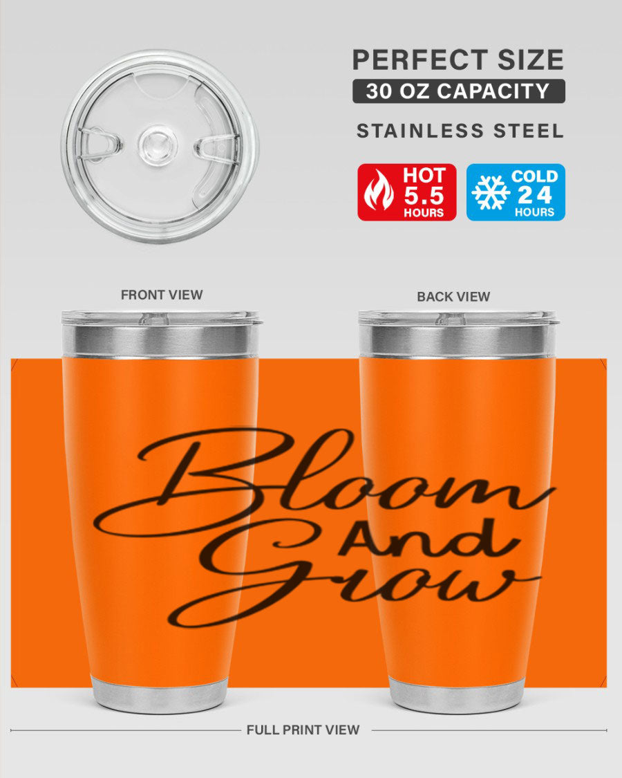 Bloom and Grow 20oz Tumbler in stainless steel with floral design, showcasing its double wall vacuum insulation and drink-thru lid.