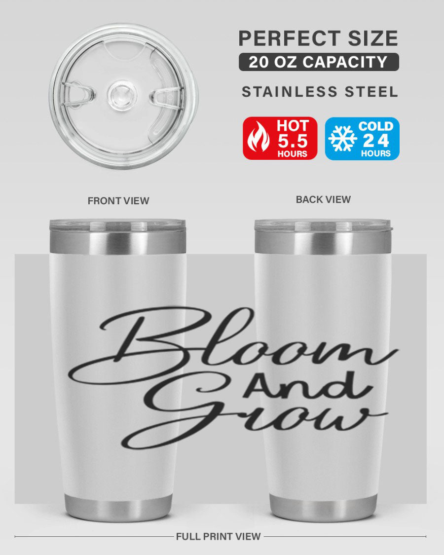 Bloom and Grow 20oz Tumbler in stainless steel with floral design, showcasing its double wall vacuum insulation and drink-thru lid.