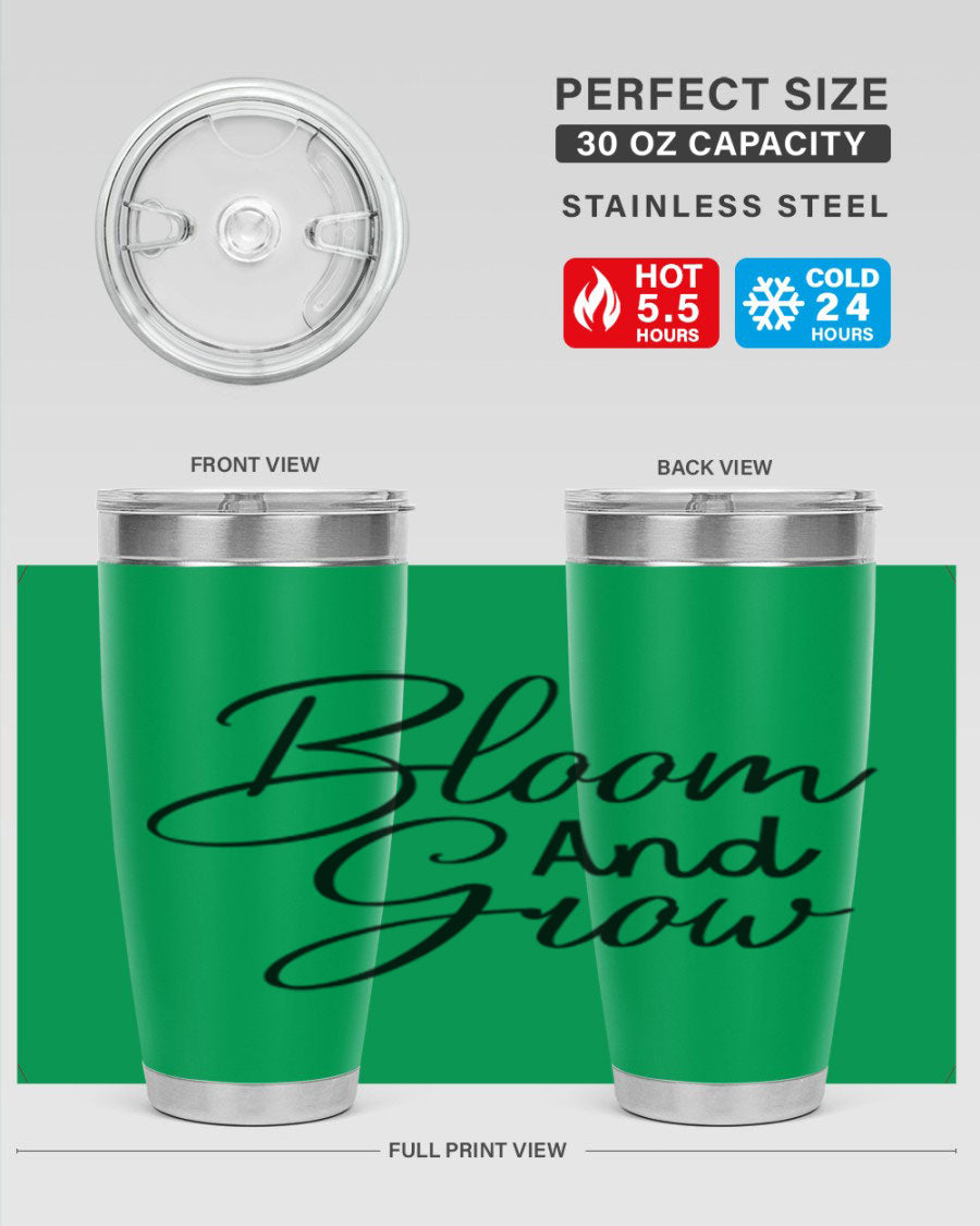 Bloom and Grow 20oz Tumbler in stainless steel with floral design, showcasing its double wall vacuum insulation and drink-thru lid.