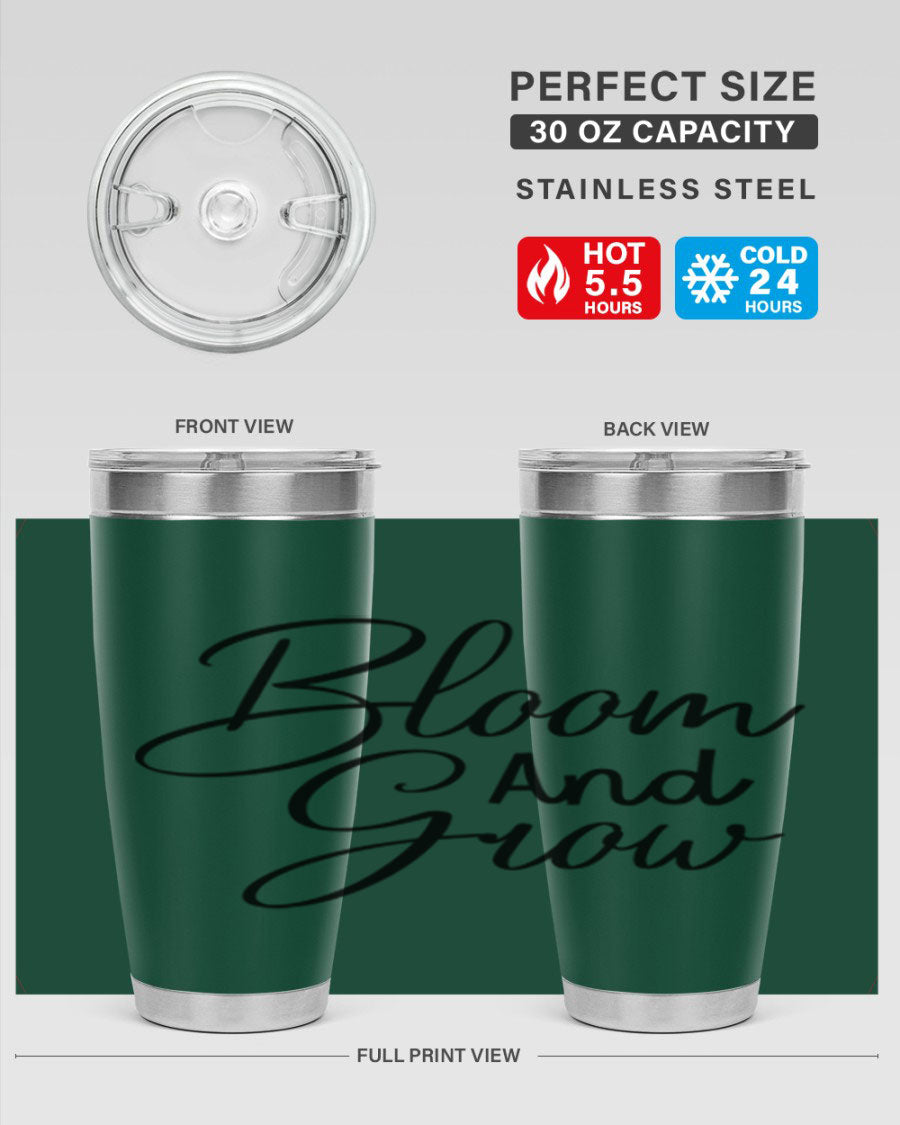 Bloom and Grow 20oz Tumbler in stainless steel with floral design, showcasing its double wall vacuum insulation and drink-thru lid.