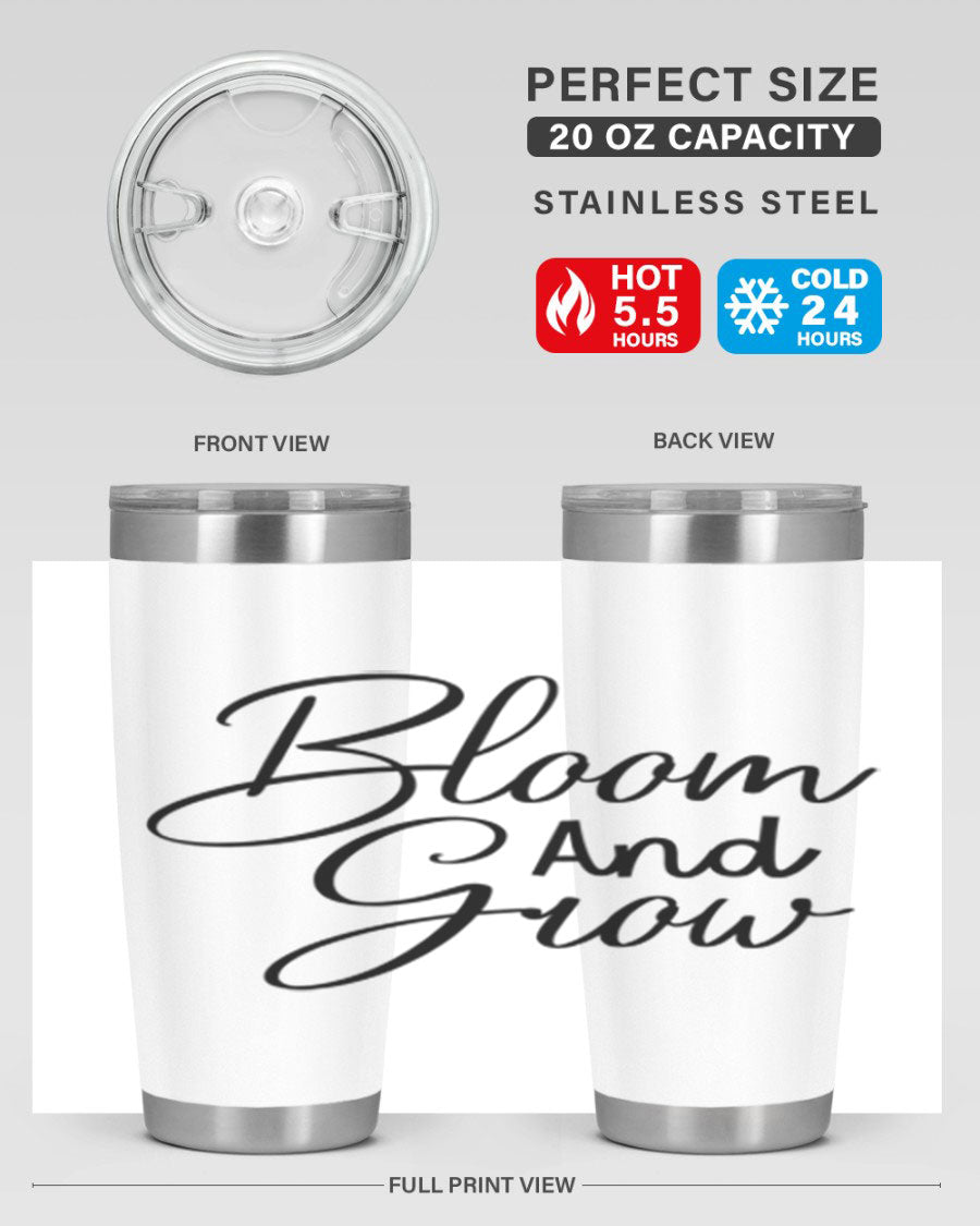 Bloom and Grow 20oz Tumbler in stainless steel with floral design, showcasing its double wall vacuum insulation and drink-thru lid.