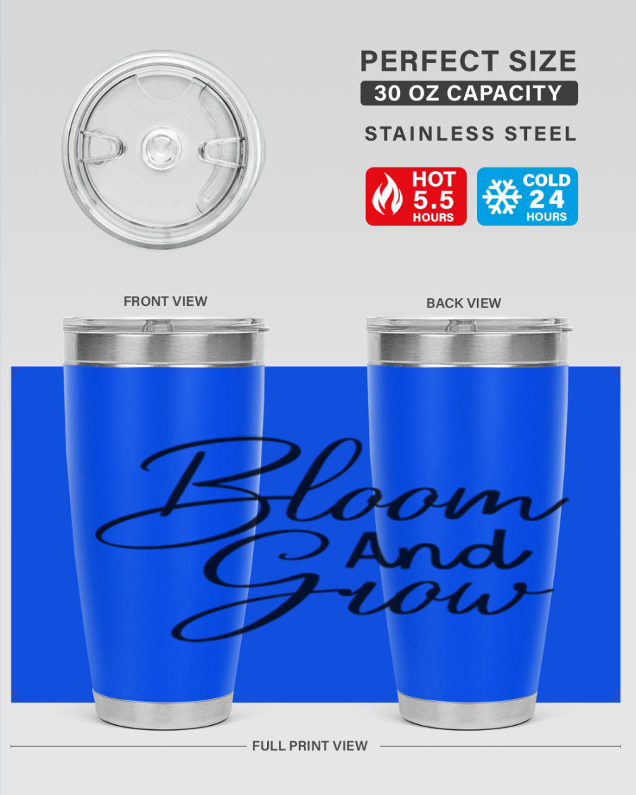 Bloom and Grow 20oz Tumbler in stainless steel with floral design, showcasing its double wall vacuum insulation and drink-thru lid.