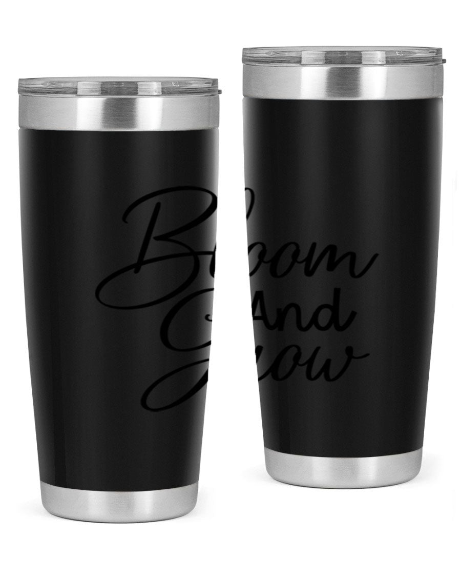 Bloom and Grow 20oz Tumbler in stainless steel with floral design, showcasing its double wall vacuum insulation and drink-thru lid.