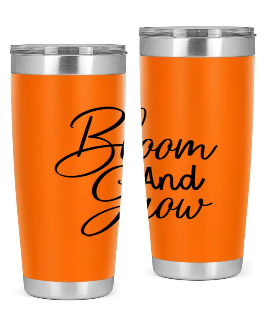 Bloom and Grow 20oz Tumbler in stainless steel with floral design, showcasing its double wall vacuum insulation and drink-thru lid.