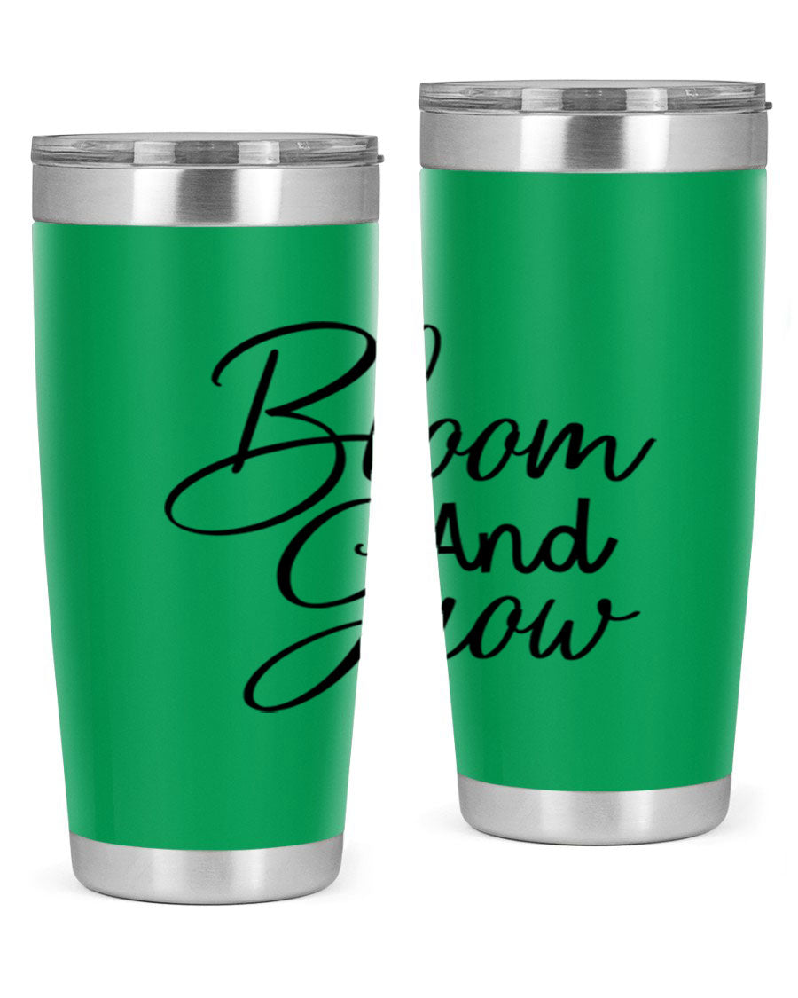 Bloom and Grow 20oz Tumbler in stainless steel with floral design, showcasing its double wall vacuum insulation and drink-thru lid.