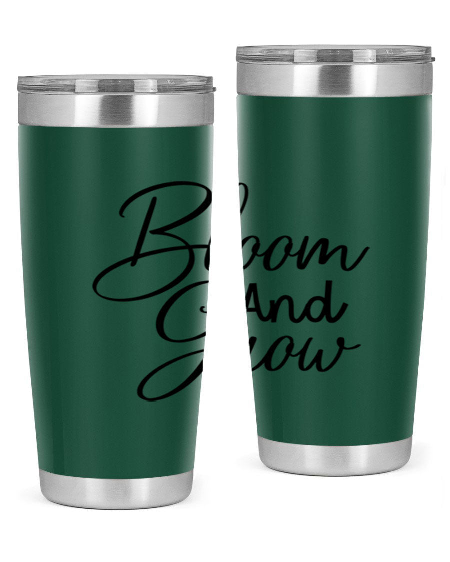 Bloom and Grow 20oz Tumbler in stainless steel with floral design, showcasing its double wall vacuum insulation and drink-thru lid.