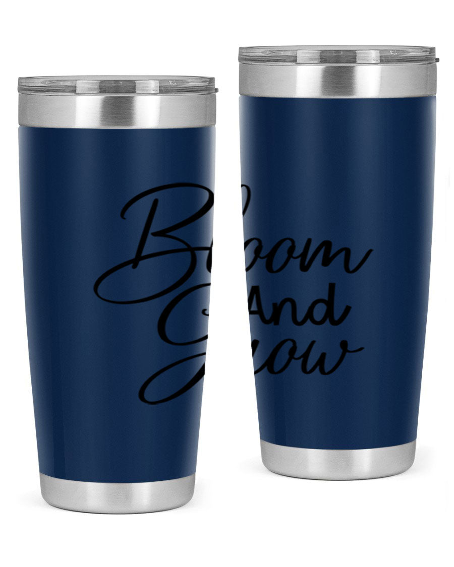 Bloom and Grow 20oz Tumbler in stainless steel with floral design, showcasing its double wall vacuum insulation and drink-thru lid.