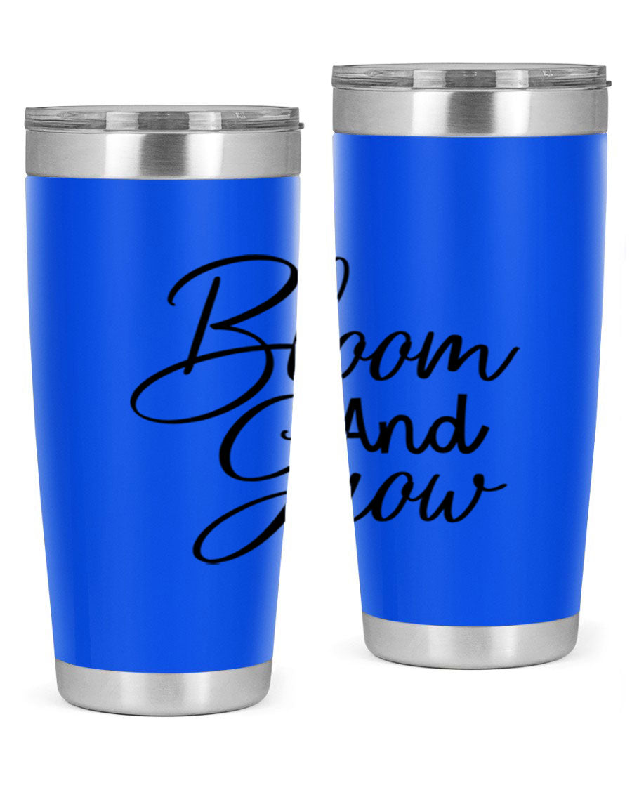 Bloom and Grow 20oz Tumbler in stainless steel with floral design, showcasing its double wall vacuum insulation and drink-thru lid.