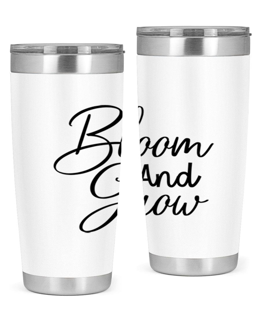 Bloom and Grow 20oz Tumbler in stainless steel with floral design, showcasing its double wall vacuum insulation and drink-thru lid.