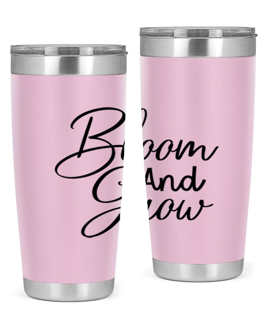 Bloom and Grow 20oz Tumbler in stainless steel with floral design, showcasing its double wall vacuum insulation and drink-thru lid.