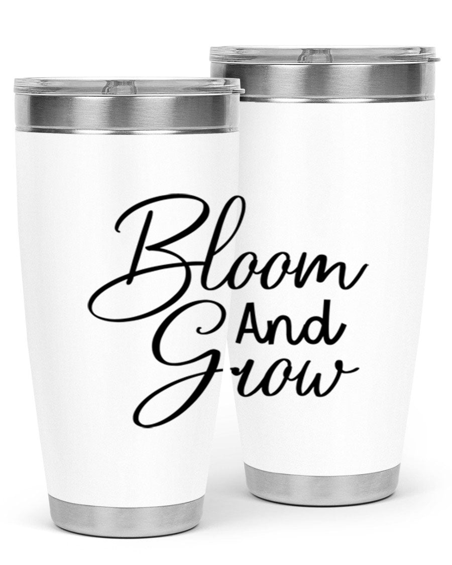 Bloom and Grow 20oz Tumbler in stainless steel with floral design, showcasing its double wall vacuum insulation and drink-thru lid.