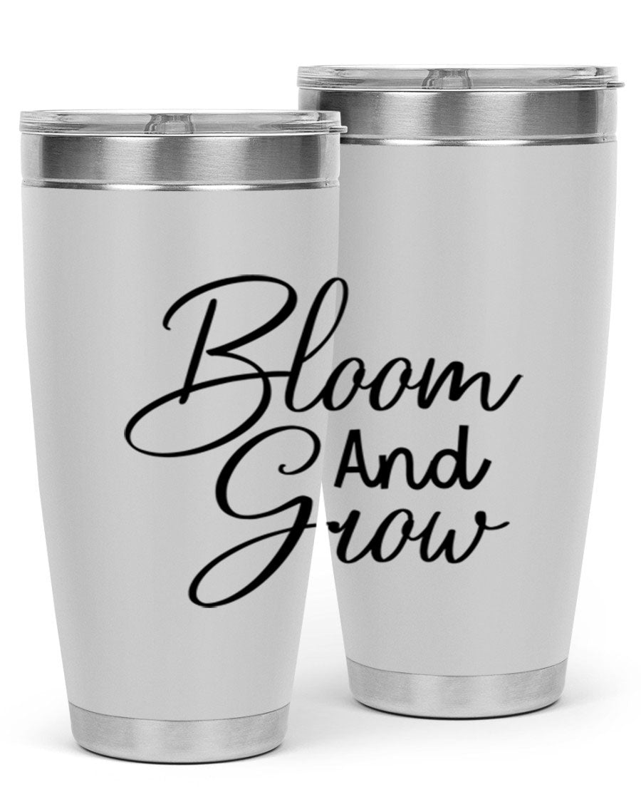 Bloom and Grow 20oz Tumbler in stainless steel with floral design, showcasing its double wall vacuum insulation and drink-thru lid.