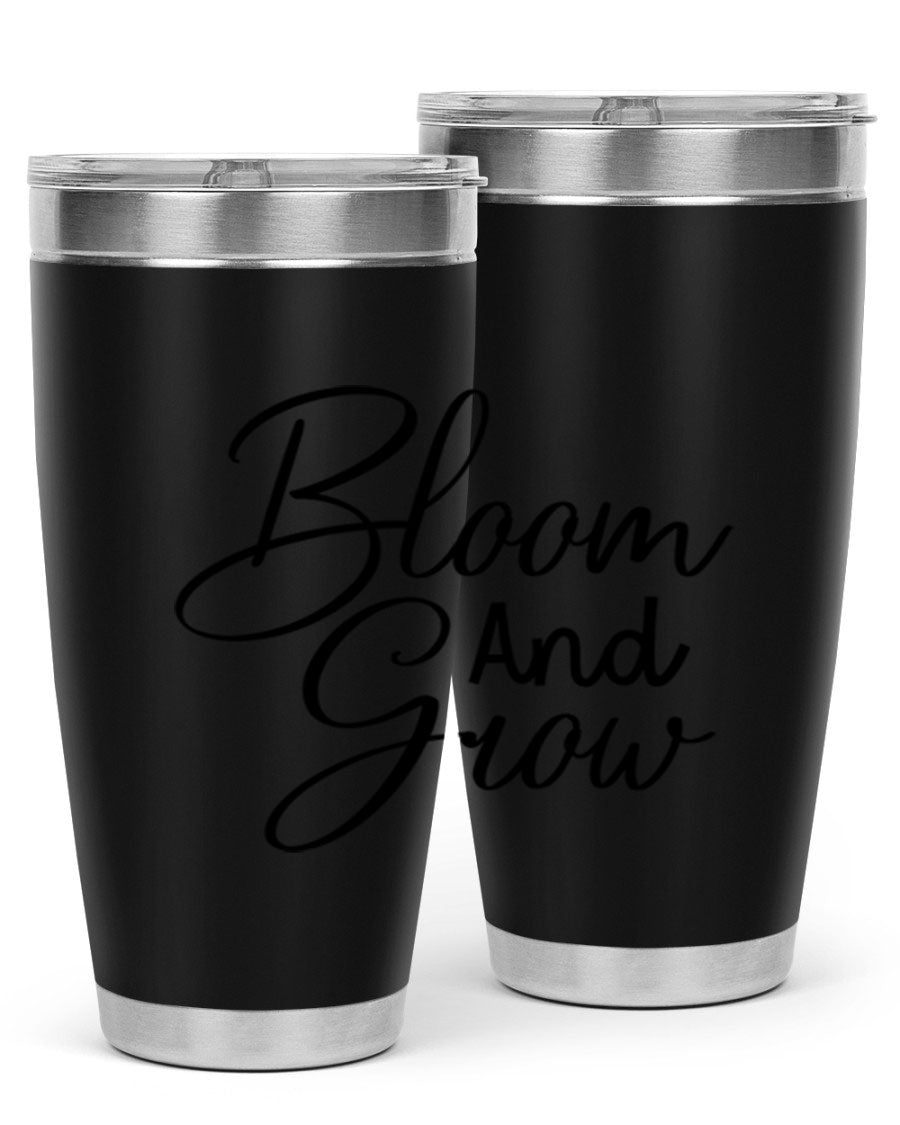 Bloom and Grow 20oz Tumbler in stainless steel with floral design, showcasing its double wall vacuum insulation and drink-thru lid.