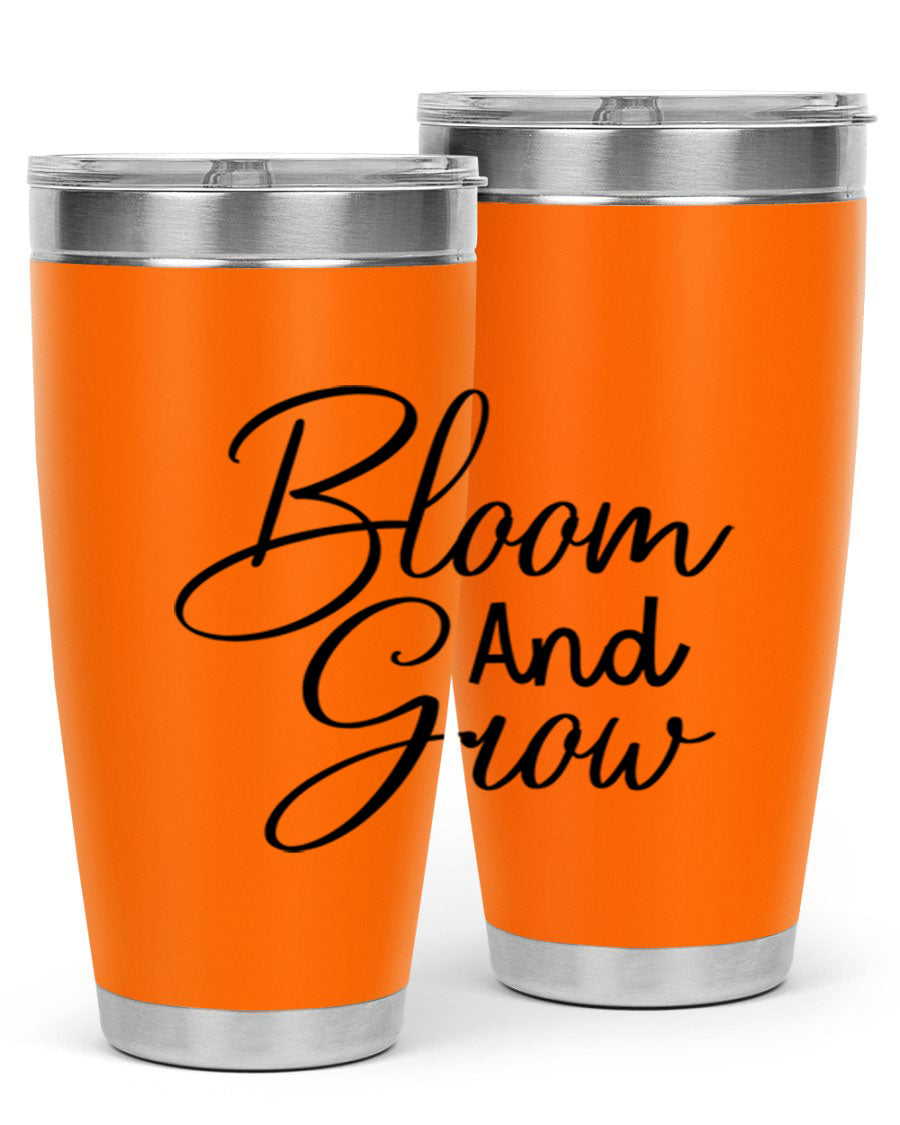 Bloom and Grow 20oz Tumbler in stainless steel with floral design, showcasing its double wall vacuum insulation and drink-thru lid.