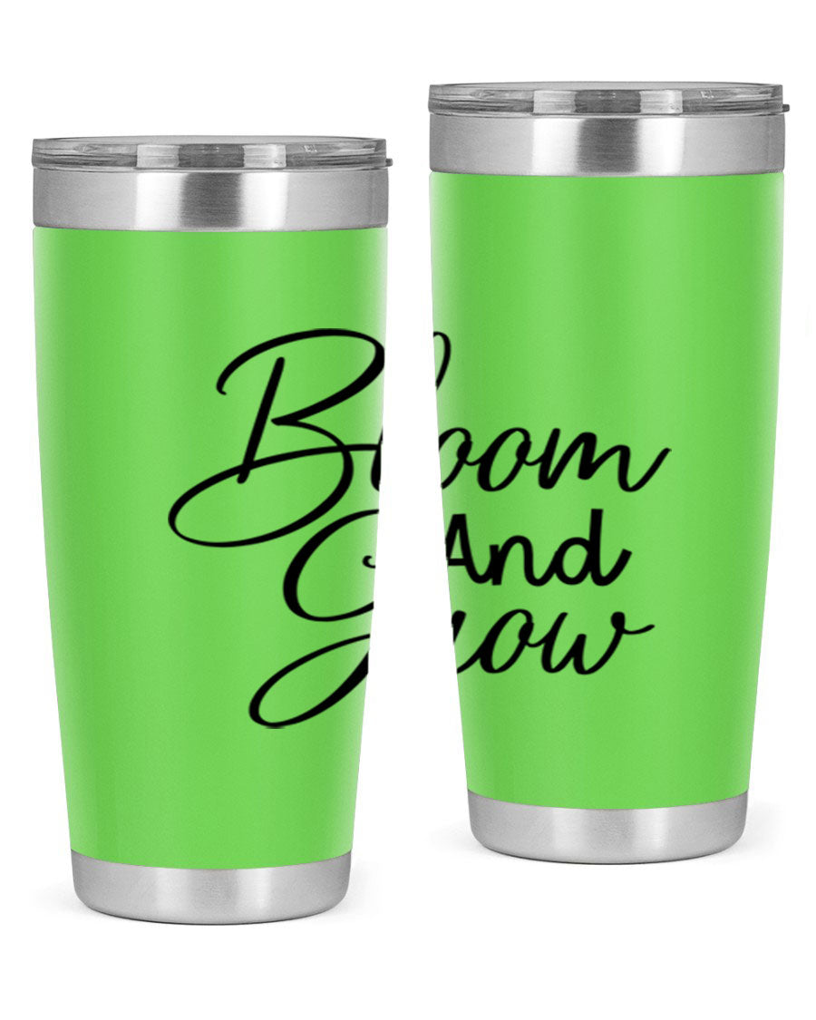 Bloom and Grow 20oz Tumbler in stainless steel with floral design, showcasing its double wall vacuum insulation and drink-thru lid.