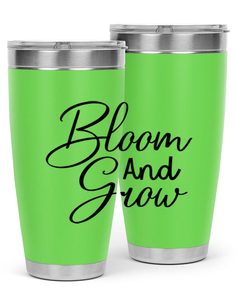 Bloom and Grow 20oz Tumbler in stainless steel with floral design, showcasing its double wall vacuum insulation and drink-thru lid.