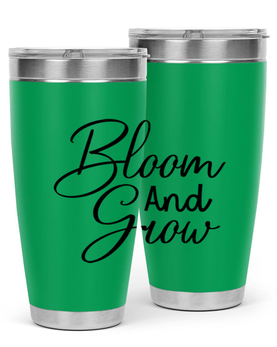 Bloom and Grow 20oz Tumbler in stainless steel with floral design, showcasing its double wall vacuum insulation and drink-thru lid.