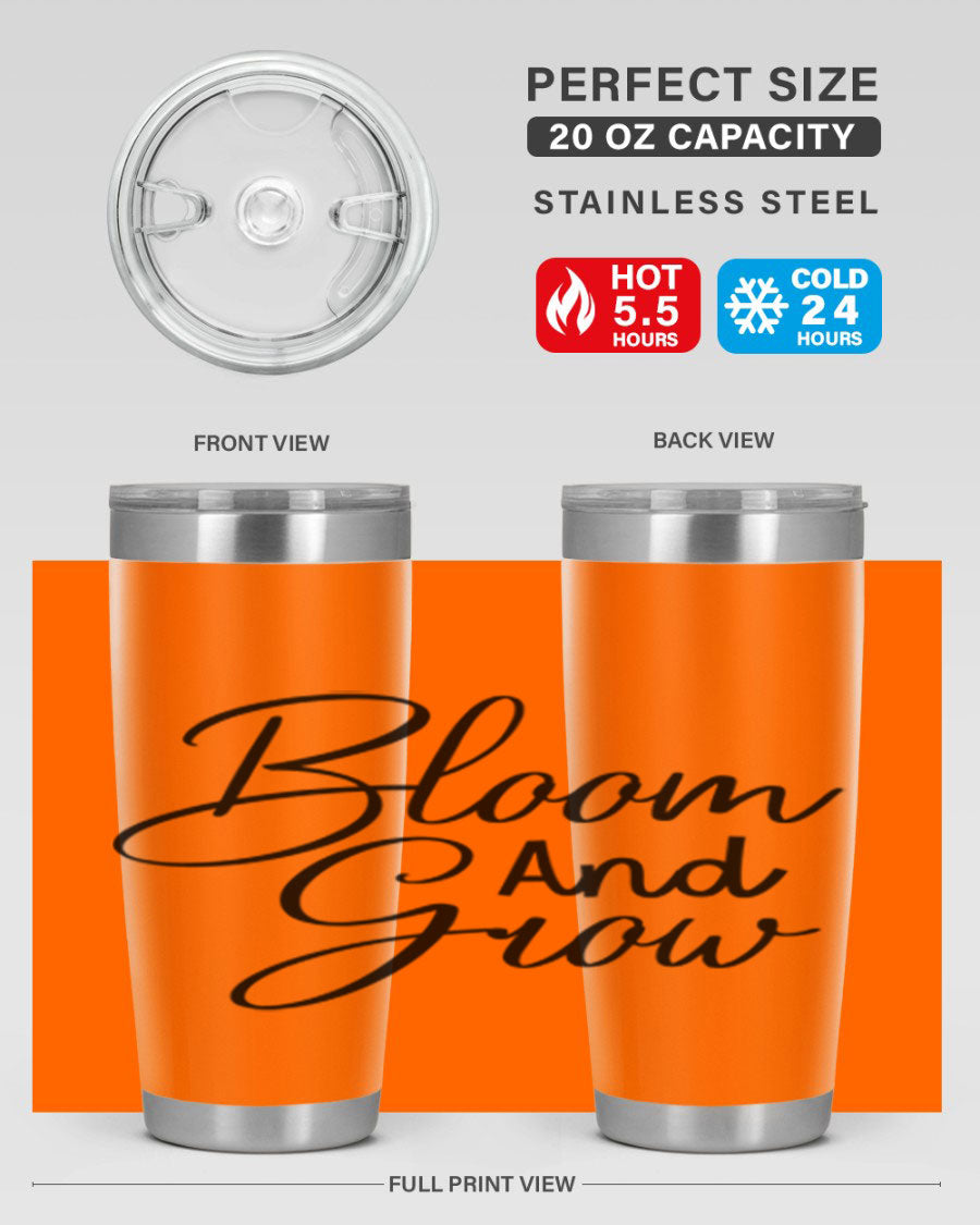 Bloom and Grow 20oz Tumbler in stainless steel with floral design, showcasing its double wall vacuum insulation and drink-thru lid.