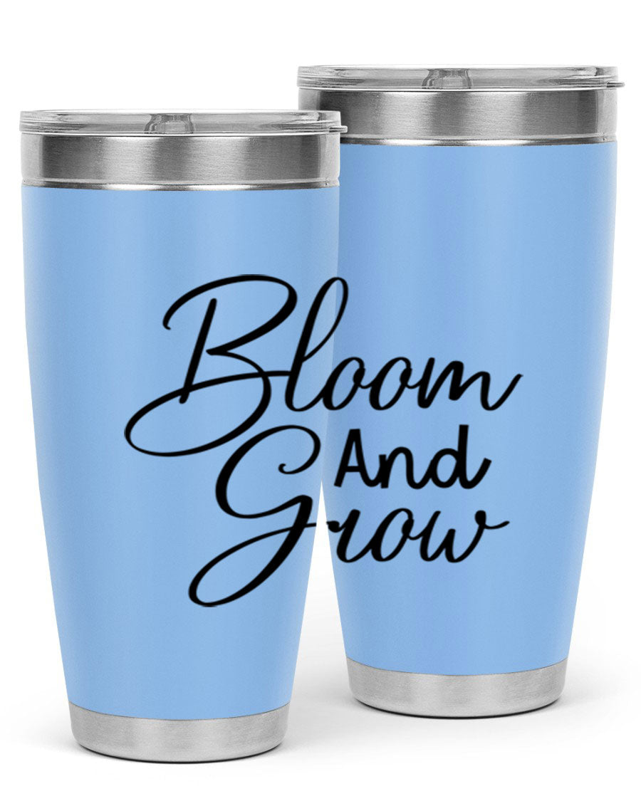 Bloom and Grow 20oz Tumbler in stainless steel with floral design, showcasing its double wall vacuum insulation and drink-thru lid.