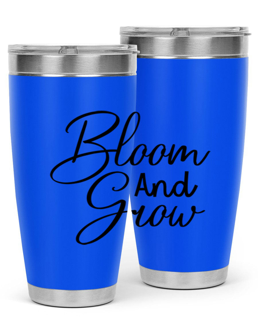 Bloom and Grow 20oz Tumbler in stainless steel with floral design, showcasing its double wall vacuum insulation and drink-thru lid.