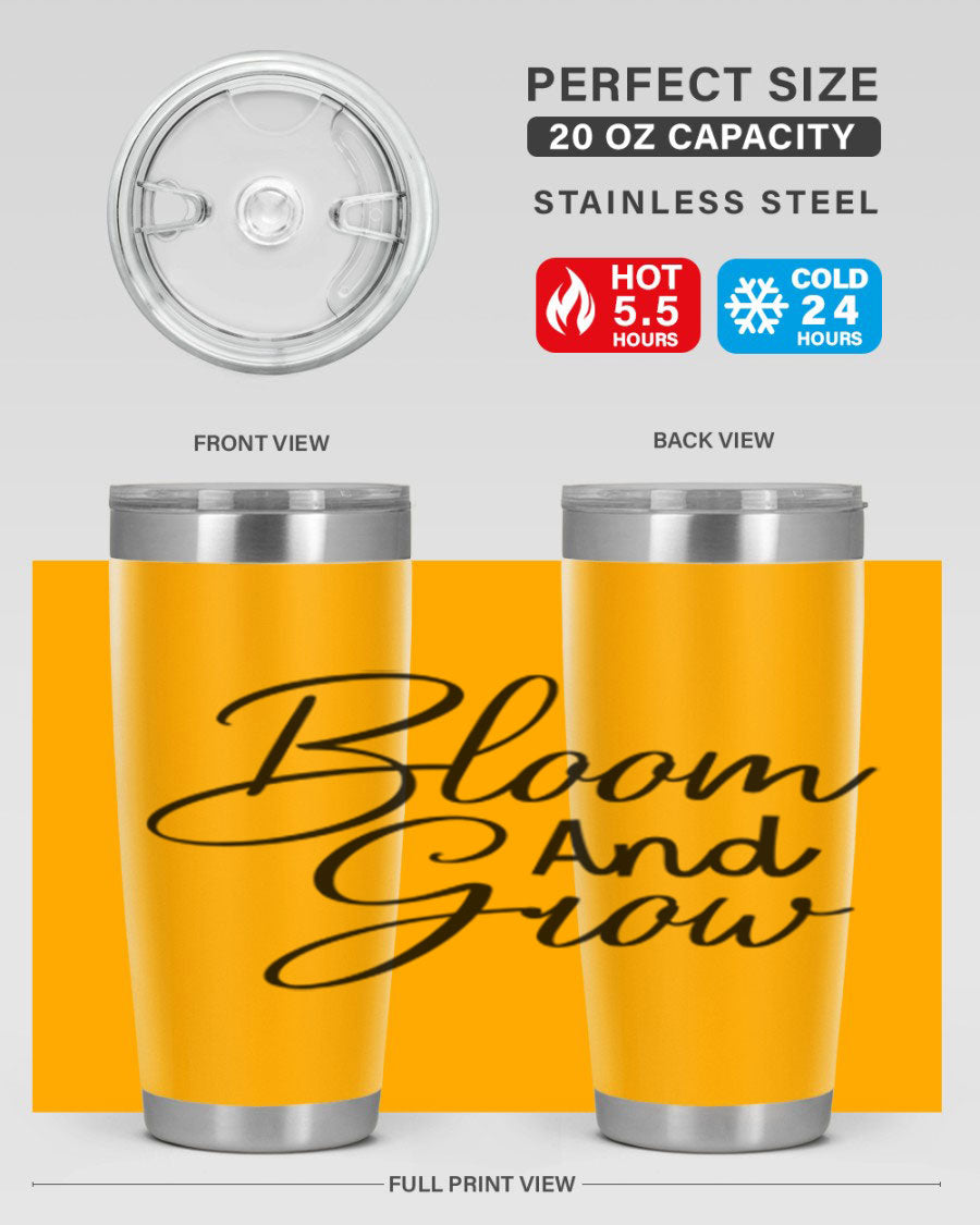 Bloom and Grow 20oz Tumbler in stainless steel with floral design, showcasing its double wall vacuum insulation and drink-thru lid.