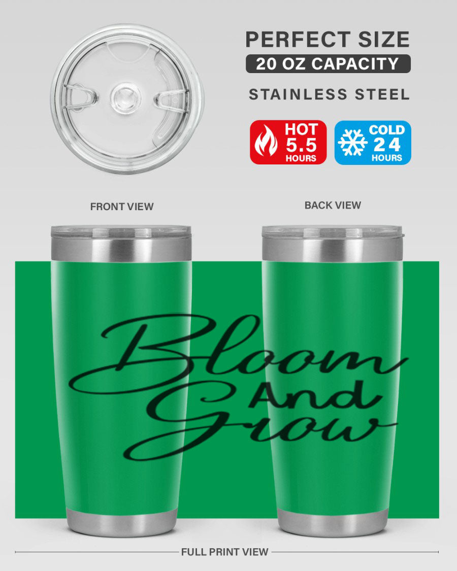 Bloom and Grow 20oz Tumbler in stainless steel with floral design, showcasing its double wall vacuum insulation and drink-thru lid.