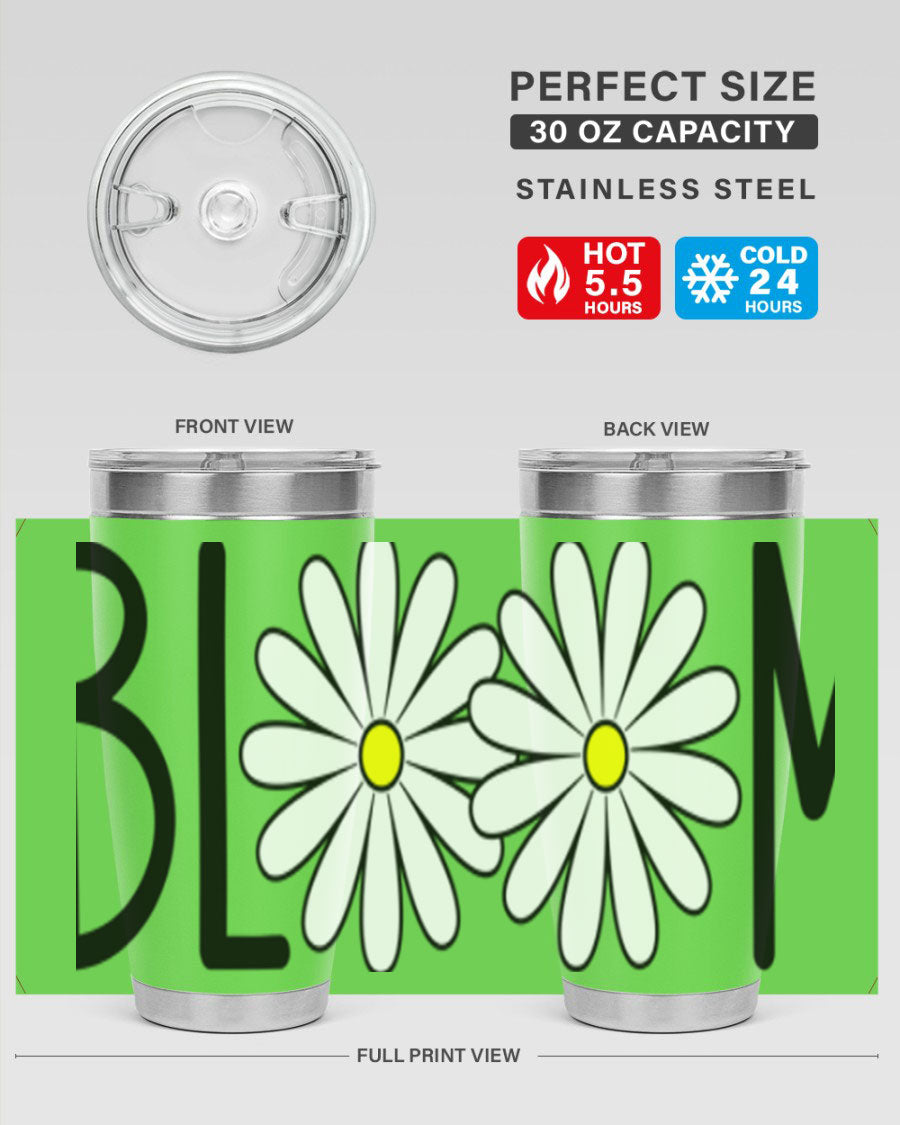 Bloom Flowers72# Spring Tumbler in vibrant floral design, showcasing its stainless steel body and drink-thru lid.